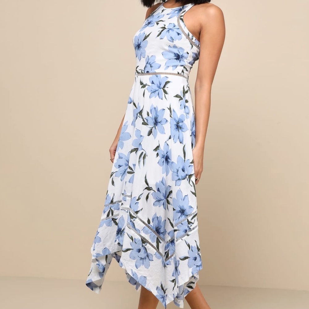 Zahara Blue and White Floral Print Midi Dress